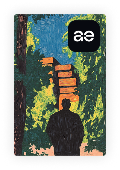 Illustration of a person silhouetted against a leafy green background with ancient stepped pyramid ruins under a bright blue sky.