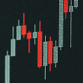 Close-up of a digital candlestick chart with red and gray bars displaying financial data trends.
