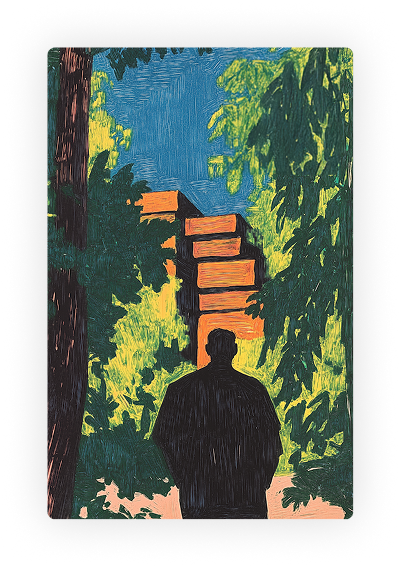 Illustration of a person silhouetted against a leafy green background with ancient stepped pyramid ruins under a bright blue sky.