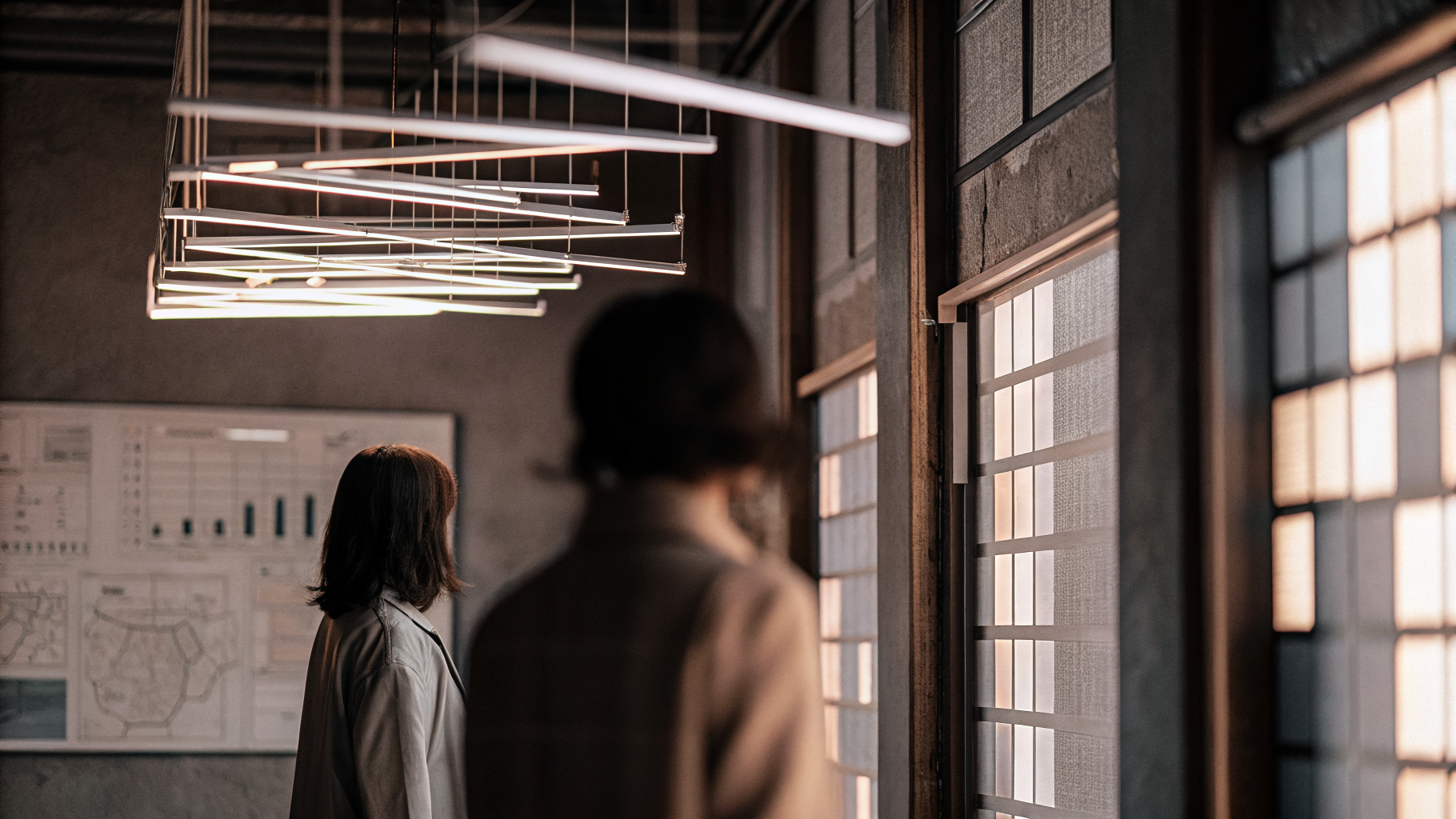 Zwei Personen stehen in einem modernen Innenraum unter einer geometrischen LED-Pendelleuchte – industrielle Atmosphäre mit großen Fensterelementen im Hintergrund.