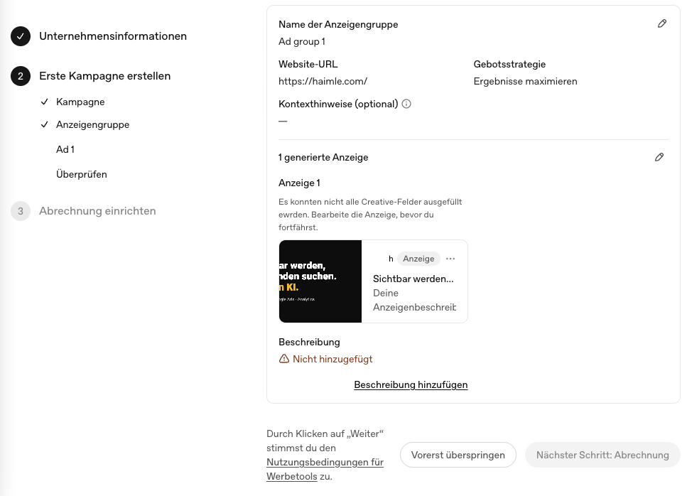 Anzeigenvorschau im OpenAI Anzeigenmanager: quadratischer Zuschnitt eines 16:9-Banners, der Bildtext ist abgeschnitten
