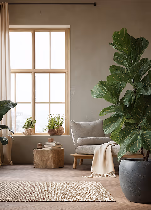 Modern cozy living room corner with large fiddle leaf fig plant in a pot, comfortable armchair draped with a beige throw, wooden side table, small indoor plants, and a large window letting in natural light.