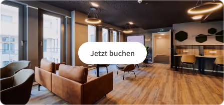 Modern waiting area with brown armchairs, wooden floors and large windows in an office building.