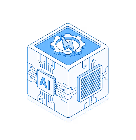 Isometric illustration of a white and blue cube with AI chip, circuit lines, a gear with a lightning bolt, and a vent on its sides.