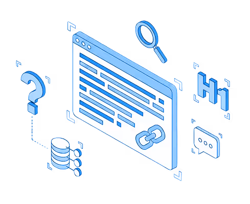 Isometric illustration of a webpage with a hyperlink icon, surrounded by icons of a magnifying glass, database, question mark, speech bubble, and 'H1' heading symbol.
