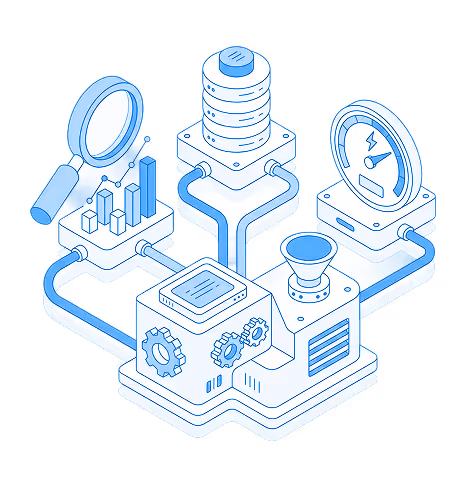 Isometric illustration of a data processing machine connected to a magnifying glass with bar charts, a database cylinder, and a speedometer gauge.