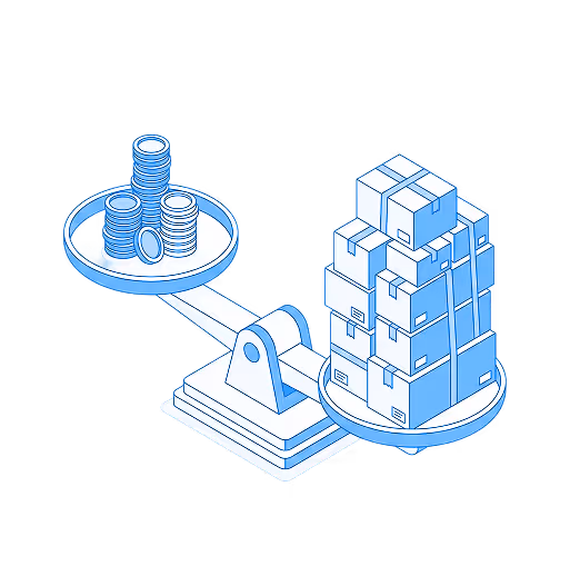 Balance scale with coins on one side and stacked shipping boxes on the other side.