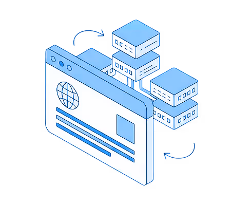 Illustration of a web browser window connected to multiple stacked server units.