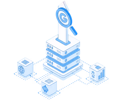 Isometric illustration of a central server tower connected to three data cubes representing global, AI, and analytics with a magnifying glass showing a Google 'G' icon above the server.