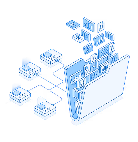 Isometric illustration of a large folder containing graphs and documents connected to multiple small microchip-like nodes via blue lines, depicting data organization and flow.