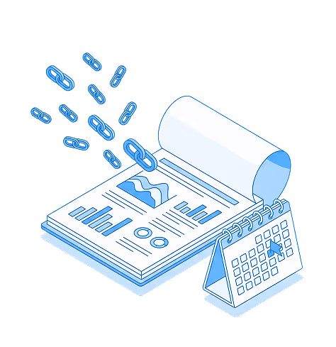 Illustration of a report with charts and graphs alongside a desk calendar showing a date clicked, with floating chain link icons indicating data connections or link sharing.