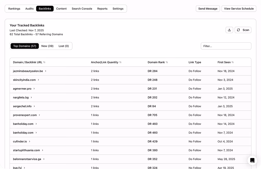 Dashboard showing tracked backlinks with columns for domain URL, anchor/link quantity, domain rank, link type, and first seen date.