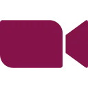 Maroon video camera icon facing right on transparent background.