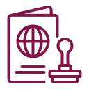 Icon of a passport with a globe symbol and a stamp beside it.