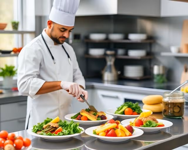 Chef in white uniform and hat preparing multiple colorful plated salads in a professional kitchen.