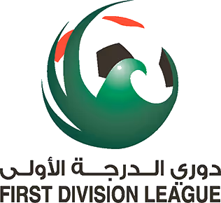 Logo of UAE First Division League featuring a stylized green wave, a soccer ball, and red accents above Arabic and English text.