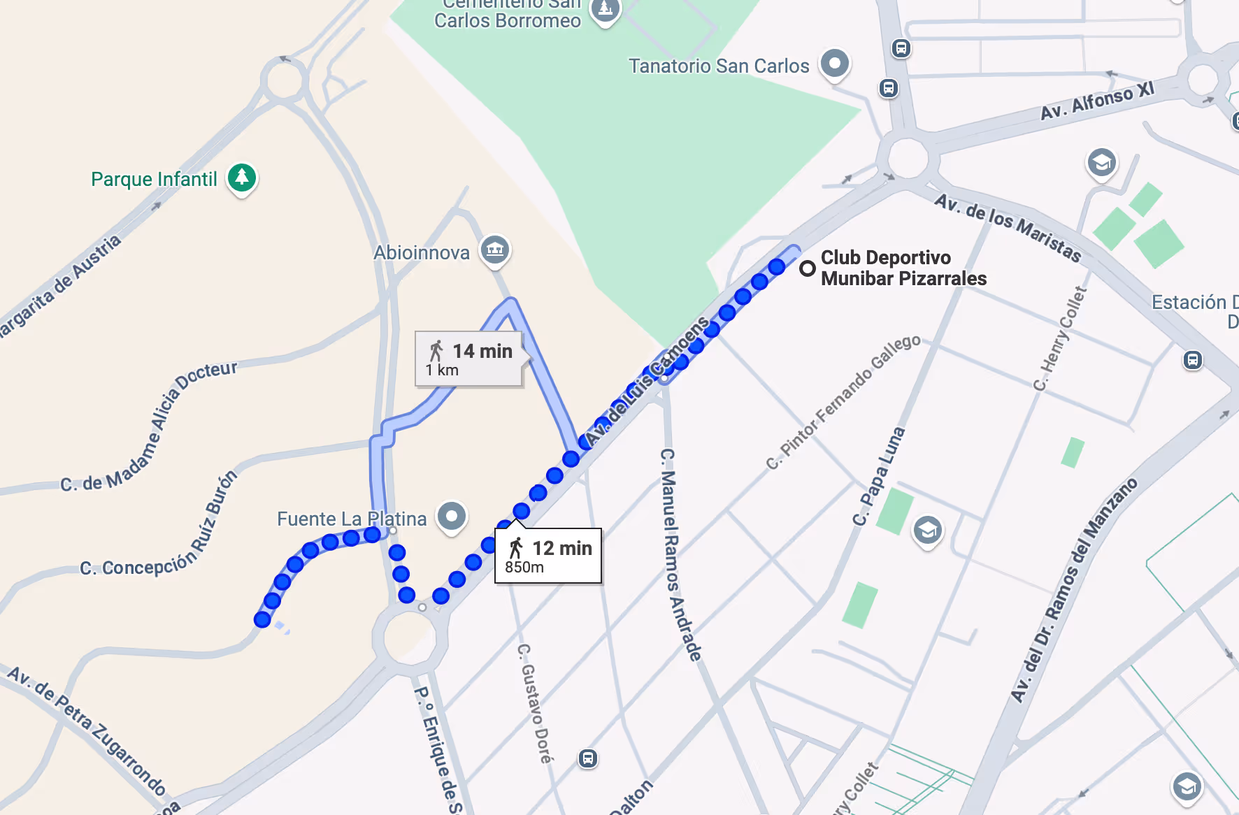 Map showing two walking routes to Club Deportivo Munibar Pizarrales from nearby roundabouts, with estimated times of 12 minutes for 850 meters and 14 minutes for 1 kilometer.