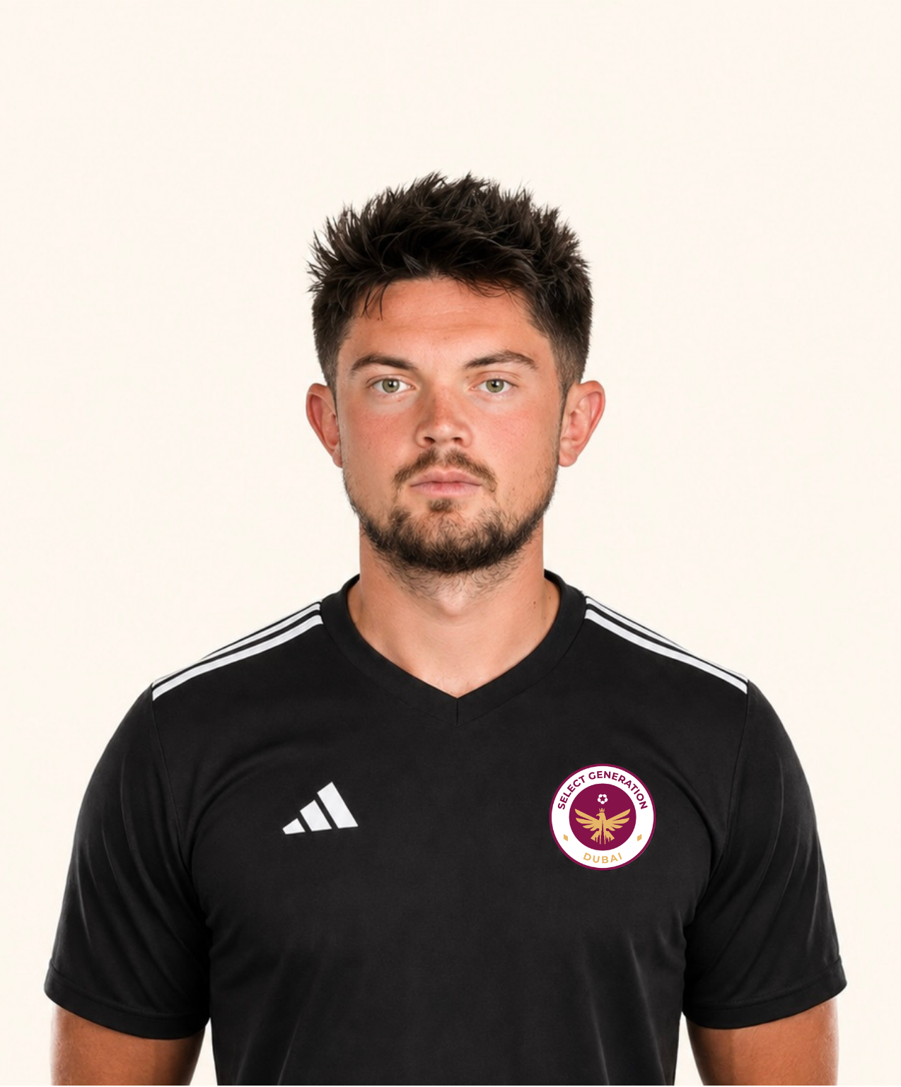 Man with short dark hair and beard standing outdoors wearing a black sports shirt and pants.