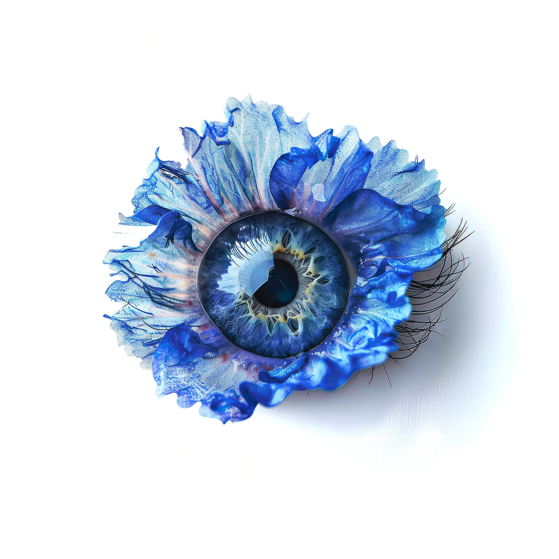 Blaues Auge aus Blütenblättern als Sinnbild für die Analyse, den ersten Schritt im Designprozess