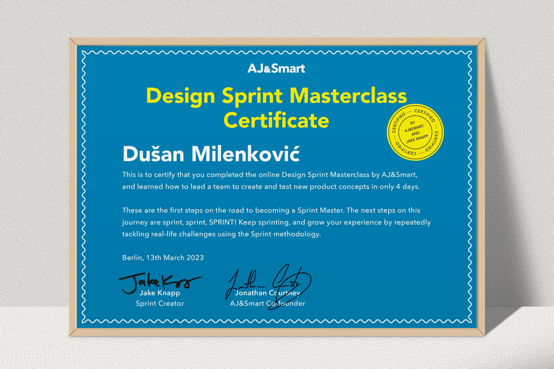 Zertifikat der Design Sprint Masterclass von AJ&Smart für Dušan Milenković, Grundlage seiner Sprint Methode