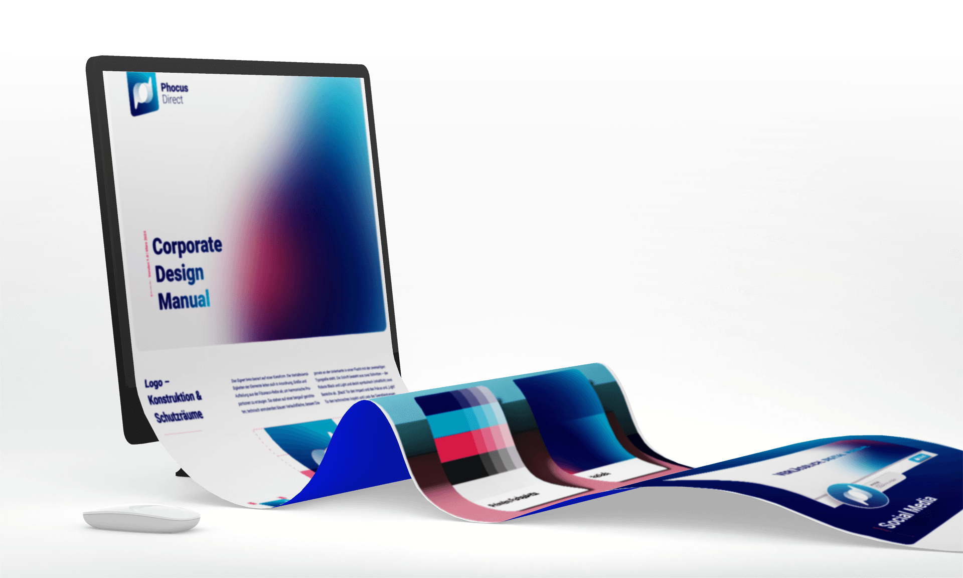 Corporate Design Manual für Phocus Direct auf Monitor mit ausgerollten Seiten als Beispiel eines Brand Systems
