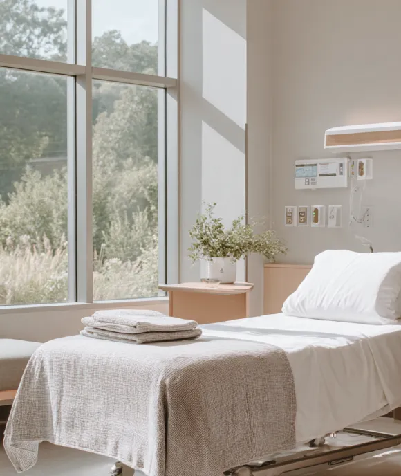 Sunlit hospital room with a neatly made bed, folded towels, a wooden side table holding a plant, and large windows showing greenery outside.