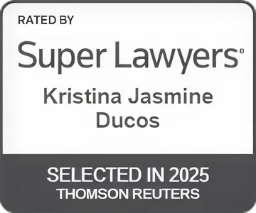 Badge stating Kristina Jasmine Ducos is rated by Super Lawyers and selected in 2025 by Thomson Reuters.
