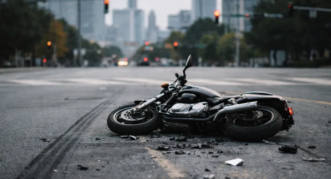 Black motorcycle lying on its side on an empty city street with debris scattered around.