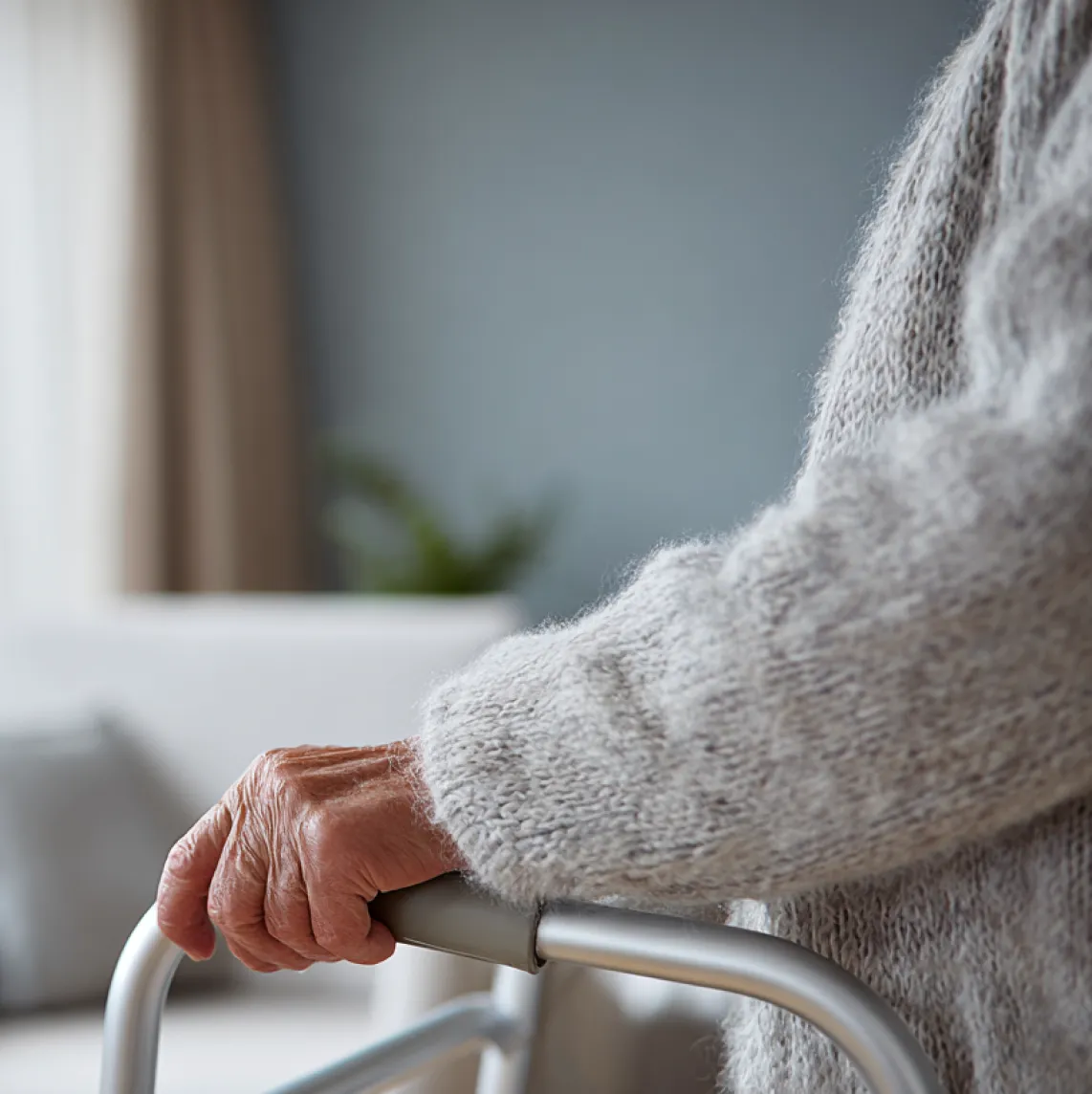 Elderly person wearing a gray knitted sweater holding a walker in a softly lit room.