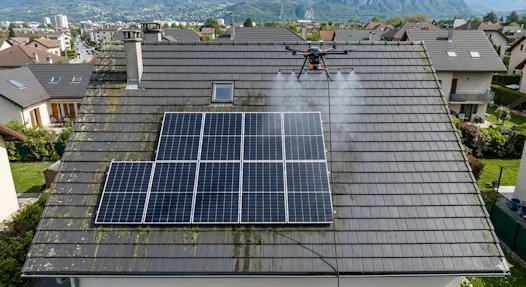 Un drone nettoie un toit en tuiles rouges dans un quartier de chambery