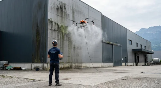 Un drone nettoie un toit en tuiles rouges dans un quartier de chambery