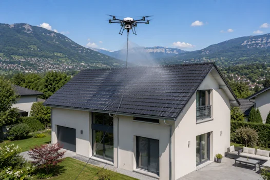 Un drone nettoie un toit en tuiles rouges dans un quartier de chambery