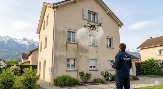 Un drone nettoie un toit en tuiles rouges dans un quartier de chambery