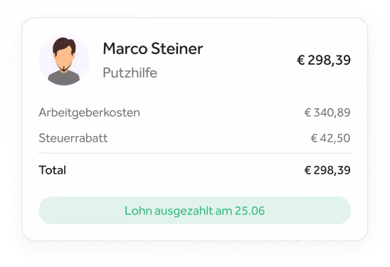 Abrechnungskarte für Marco Steiner, Putzhilfe, mit Gesamtkosten von 340,89 €, Steuerabzug von 42,50 €, und ausgezahltem Lohn von 298,39 € am 25.06.