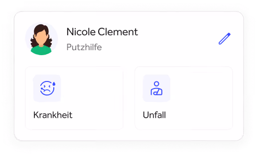 Benutzerprofilkarte von Nicole Clement, Putzhilfe, mit den Optionen Krankheit und Unfall.