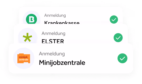 Liste mit drei Anmeldungen: Krankenkasse, ELSTER, und Minijobzentrale, alle mit grünem Häkchen bestätigt.