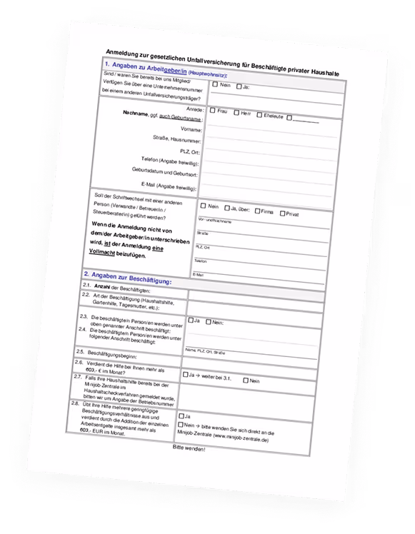 Form for registering statutory accident insurance for private household employees.