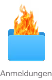 Blauer Ordner mit brennenden Flammen.