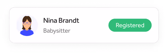 Profile photo of a woman wearing glasses, name Nina Brandt, babysitter, status shown as registered in a green button.