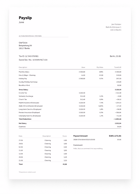 Payslip showing hours, deductions, and payout amount.