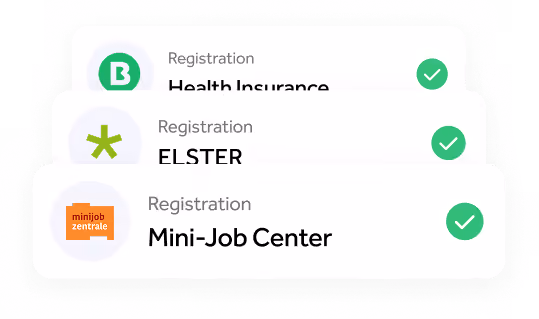 Three items with green checkmarks: health insurance, ELSTER, and mini-job center registration.