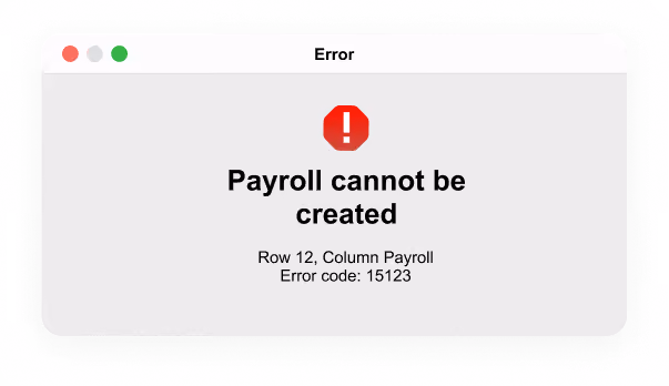 Error window showing 'Payroll cannot be created' with error code 15123 in row 12, column Payroll.