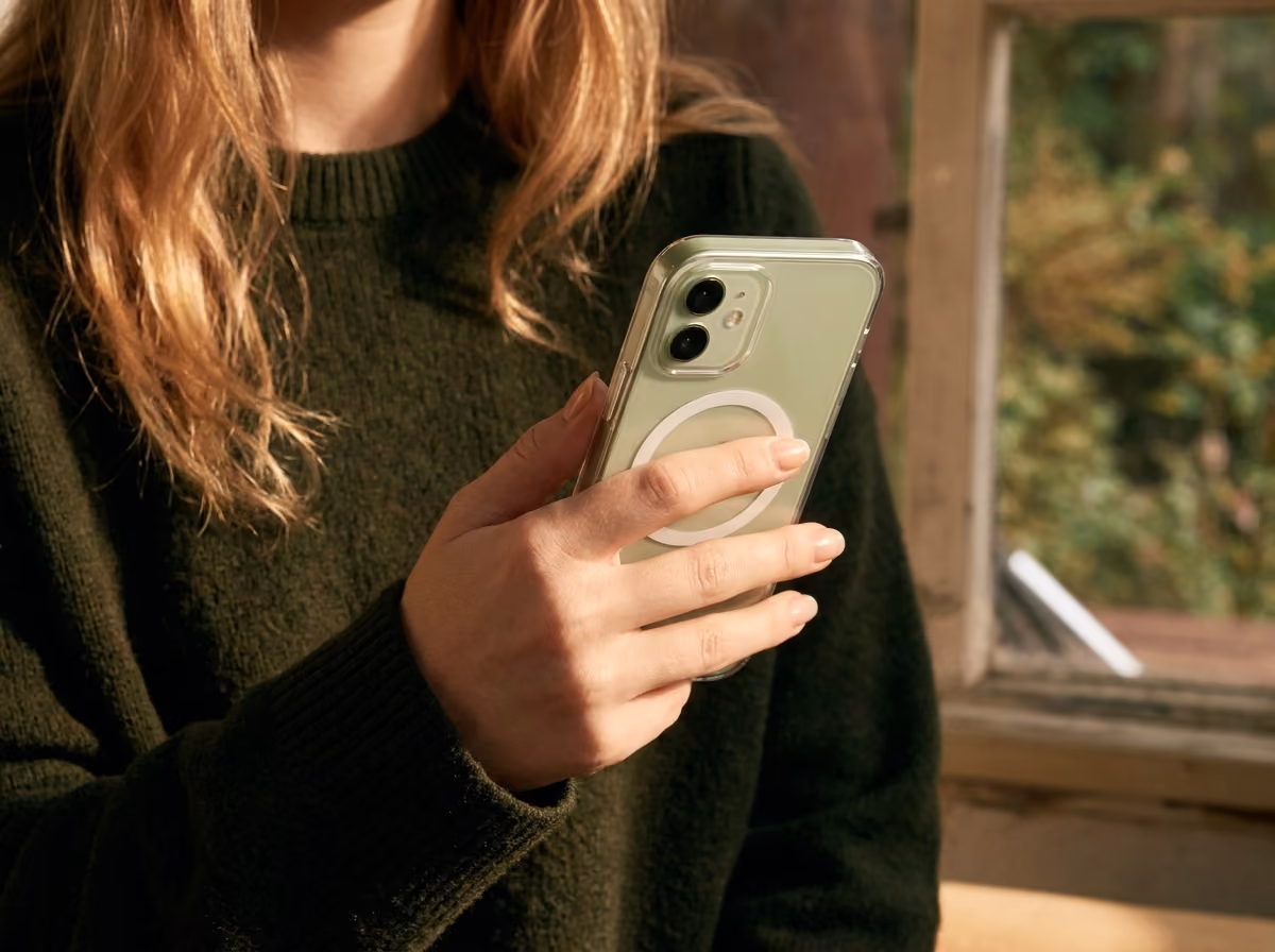 Woman holding a light green smartphone with a clear case.