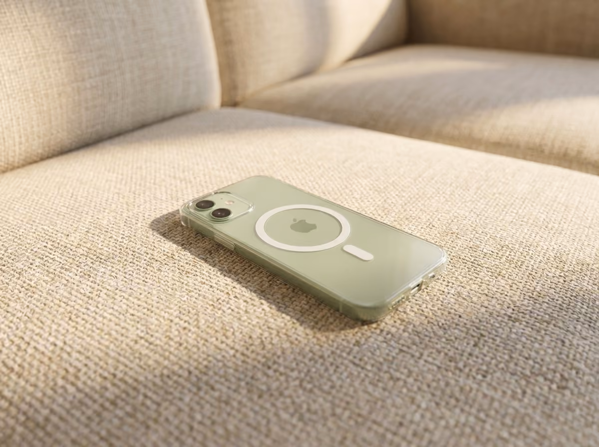 Green iPhone with a MagSafe case resting on a beige sofa in sunlight.