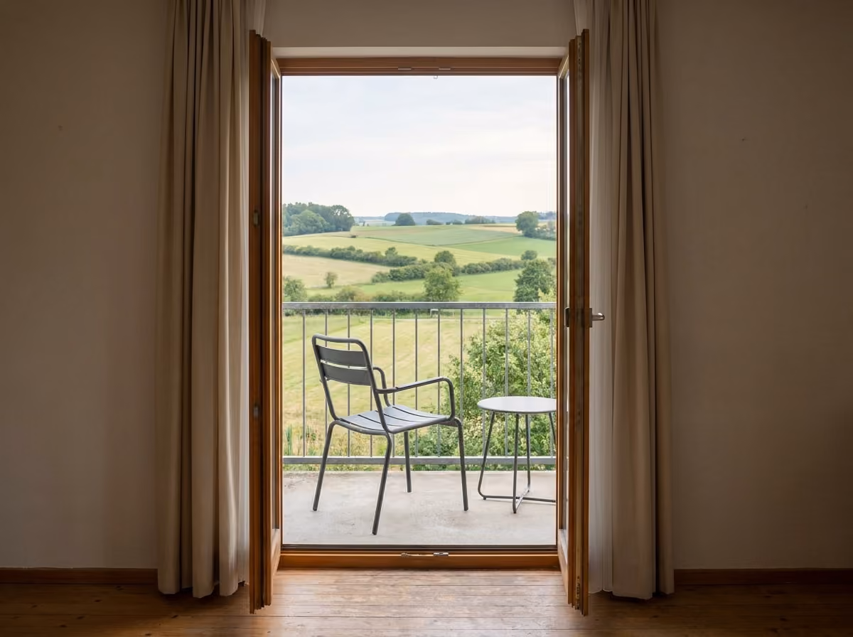 Open balcony door with a chair and small table, overlooking green fields and trees.