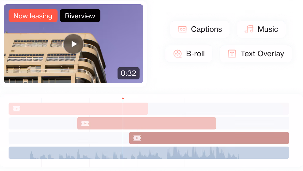 Video editing interface with a preview of a building labeled 'Now leasing' and 'Riverview,' timeline bars for captions, music, B-roll, and text overlay layers.