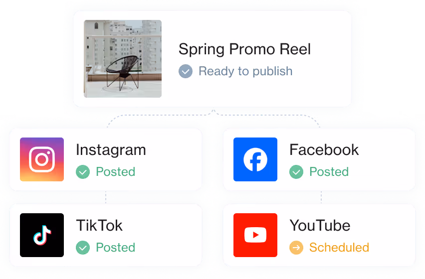 Dashboard showing Spring Promo Reel video ready to publish with posts status: Instagram, Facebook, TikTok posted, and YouTube scheduled.