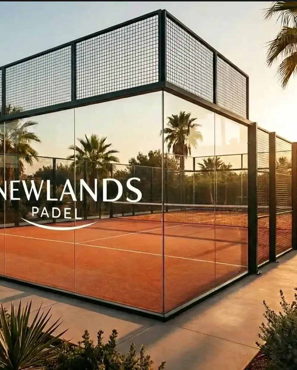 Newlands Group - Outdoor padel court with orange surface surrounded by glass walls and metal fencing, palm trees in background at sunset.