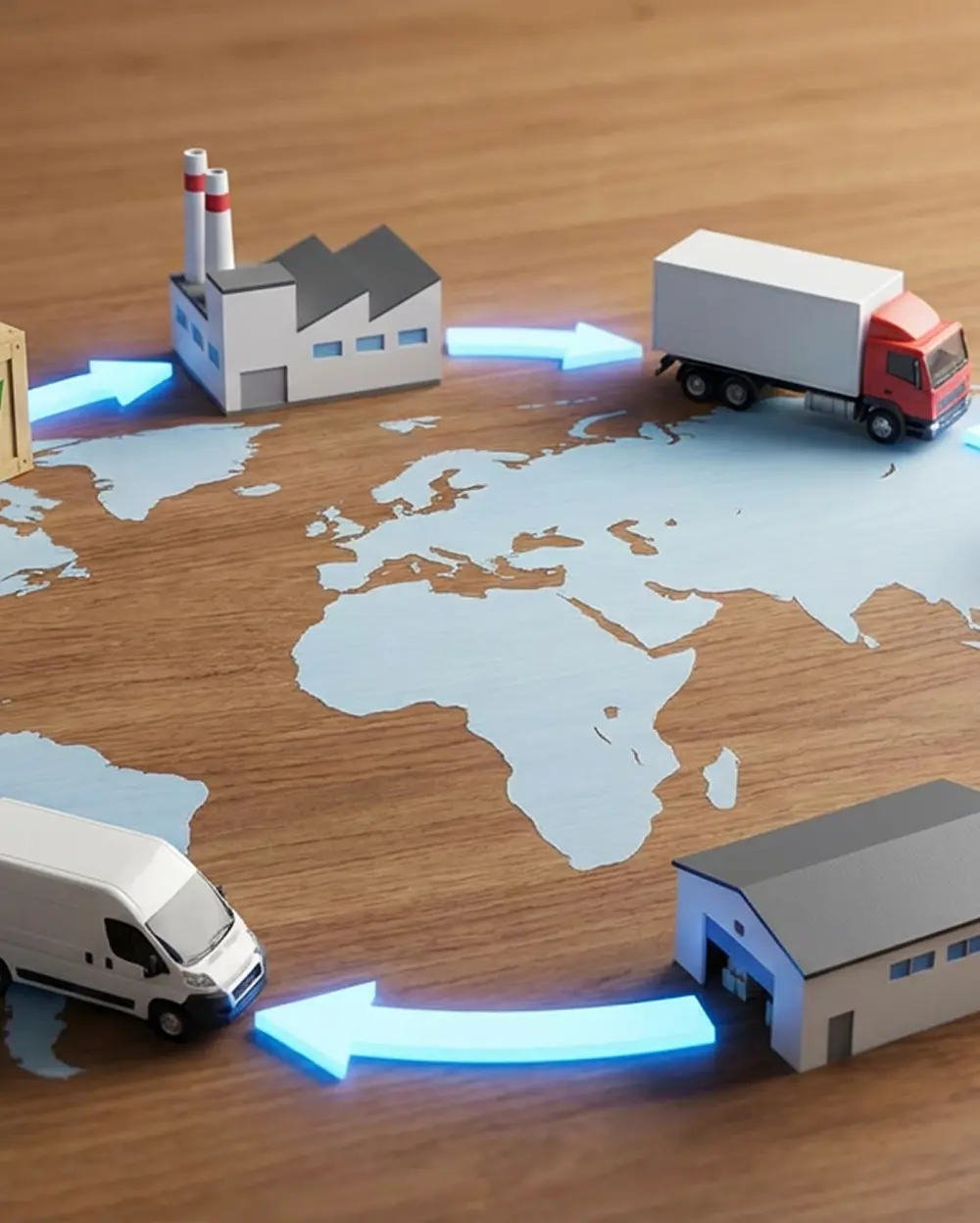 Newlands Group - Model factory, trucks, and warehouse on a wooden table with a world map and glowing blue arrows indicating a global supply chain.