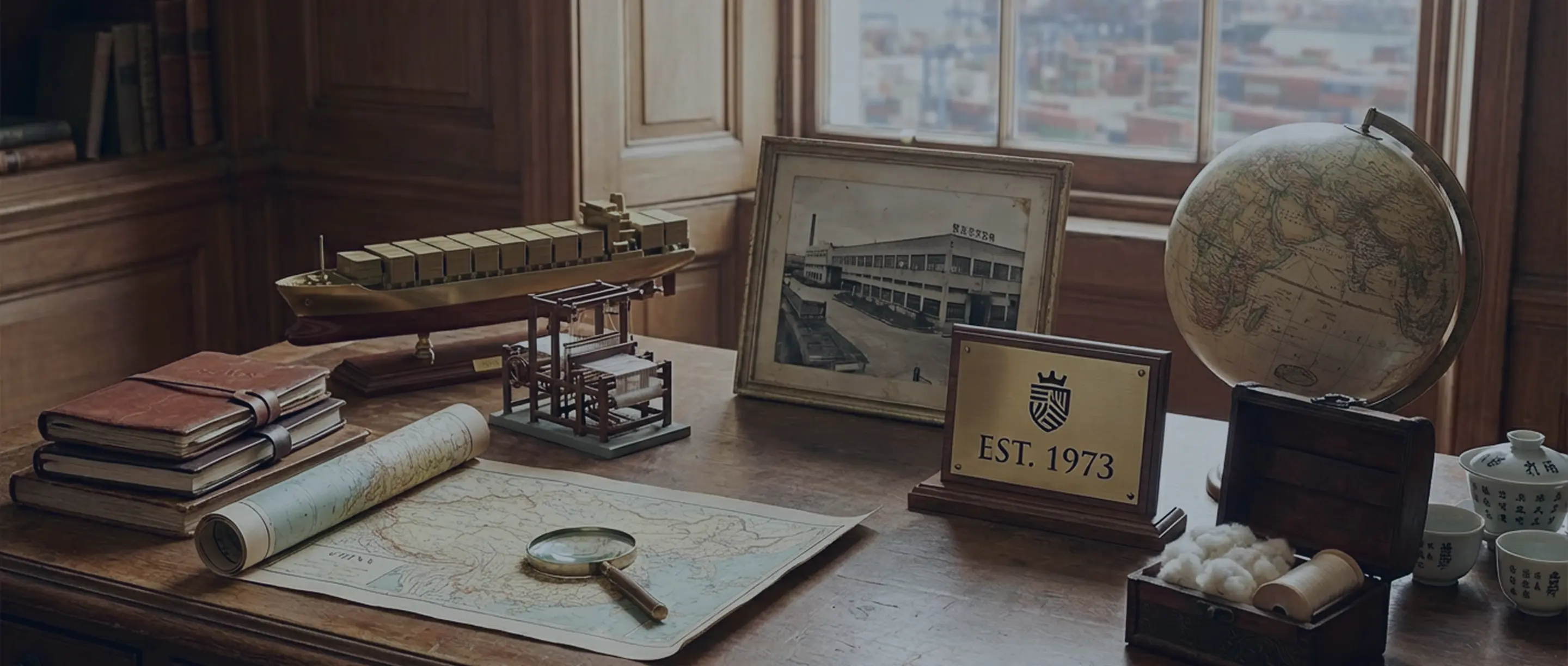 Wooden desk with a ship model, vintage photo, globe, map with magnifying glass, books, small textile loom model, plaque reading EST. 1973, and a box holding cotton and thread.